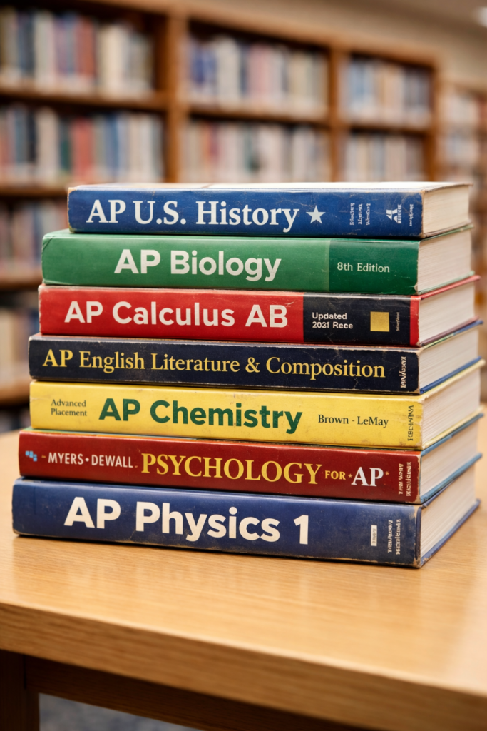 AP Textbooks stacked in a library